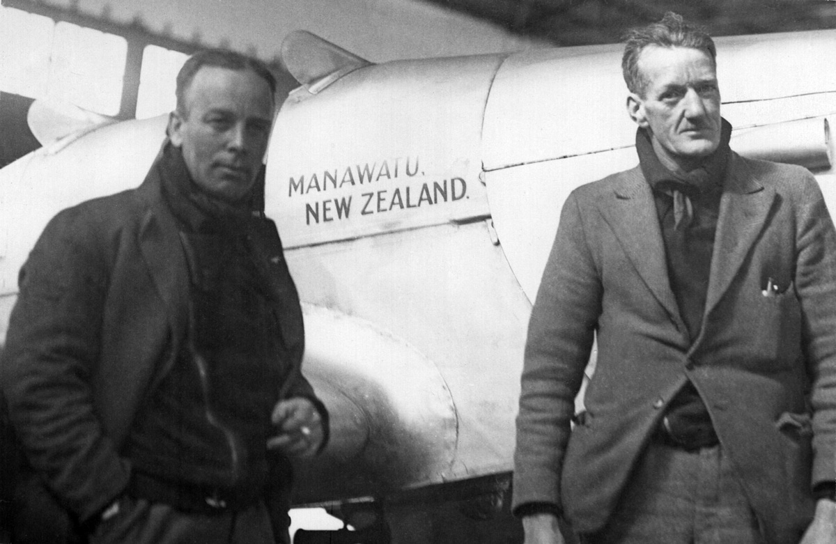  New Zealanders Henry Walker (R) and Malcolm McGregor (L) with their Miles M.2F Hawk Major 'Manawatu' at Laverton 