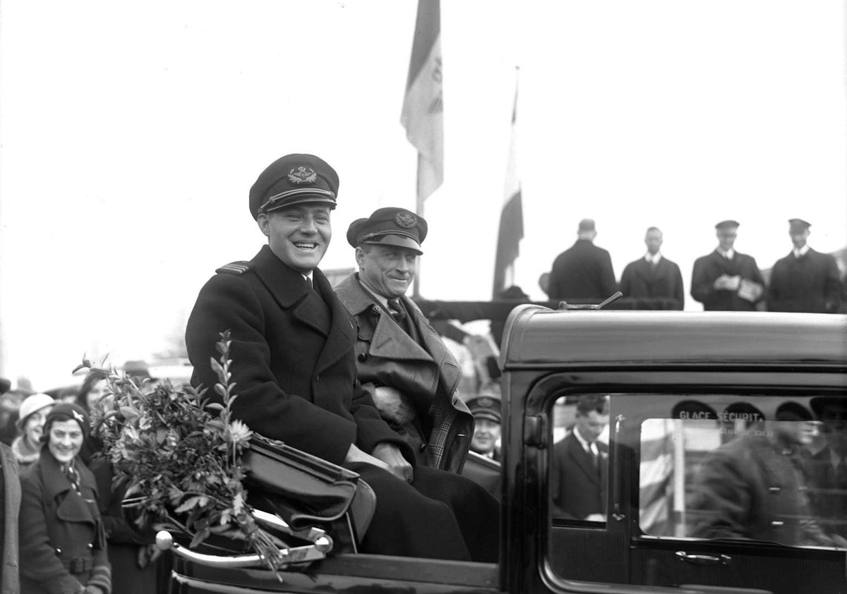  KLM pilots Koene Parmentier and Jan Moll riding in a street parade after their return to the Netherlands 
