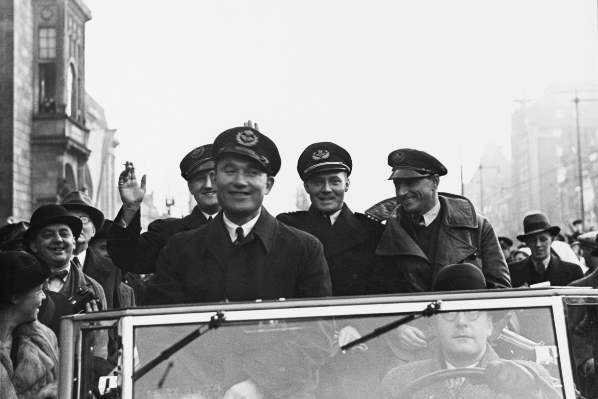  The KLM 'Uiver' DC-2 crew riding in a street parade after their return to the Netherlands 