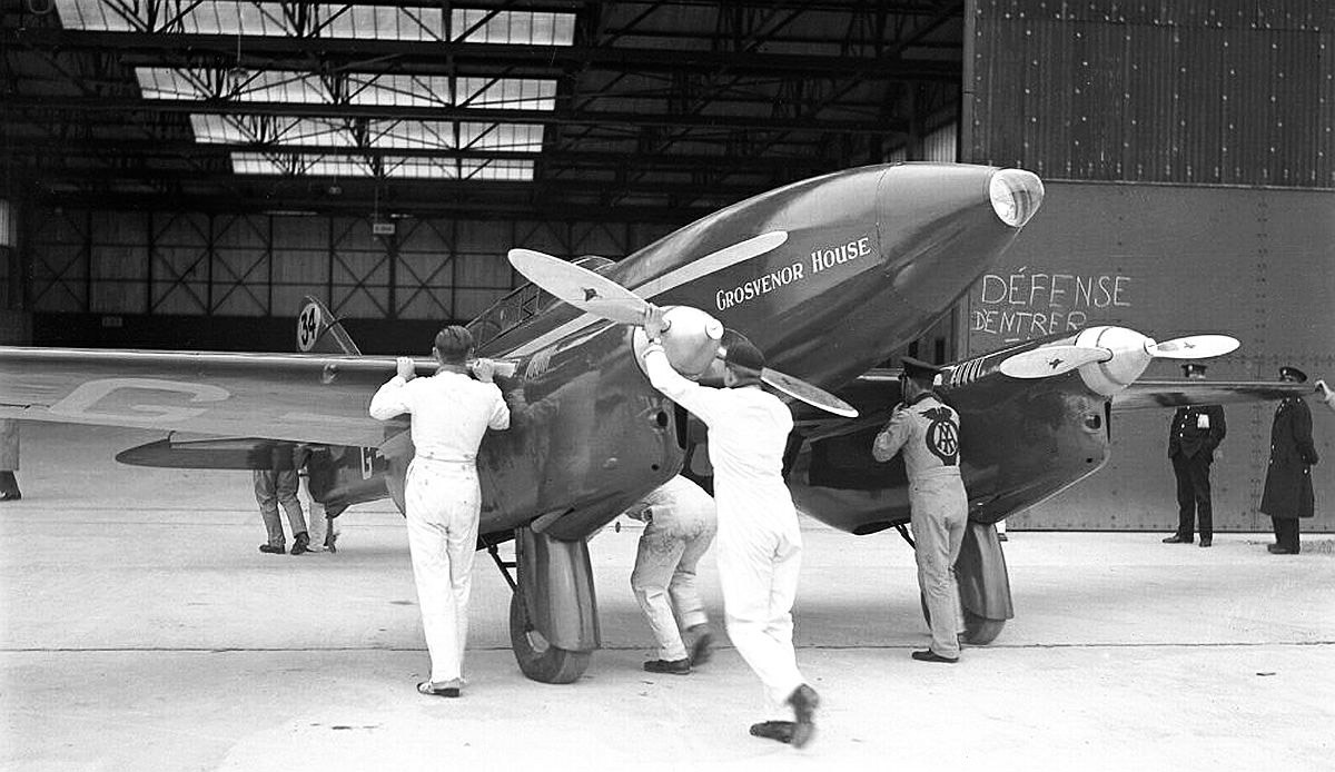  de Havilland DH.88 Comet 'Grosvenor House' being pushed into a hangar at Mildenhall 