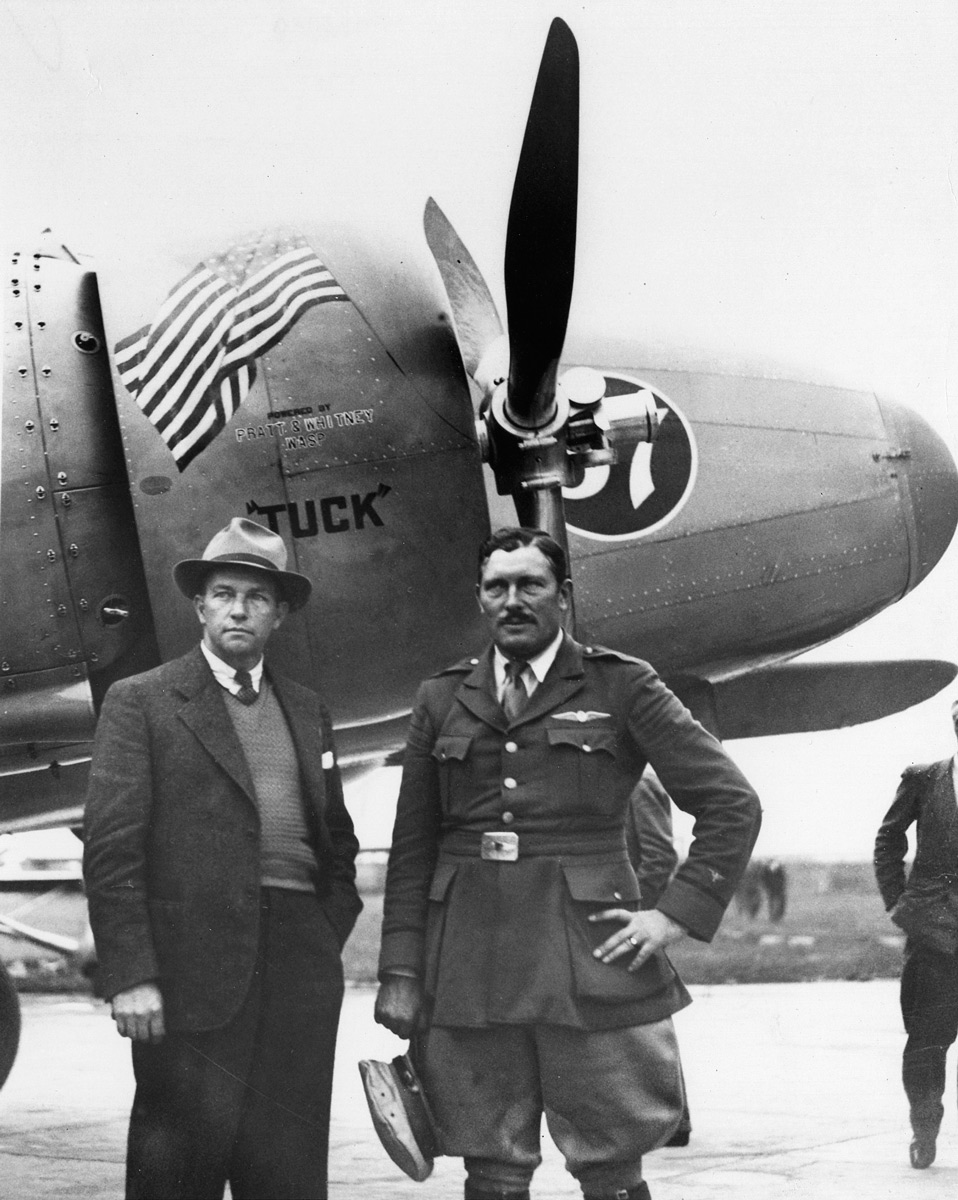  Clyde Pangborn and Colonel Roscoe Turner with their Boeing 247D at Mildenhall 