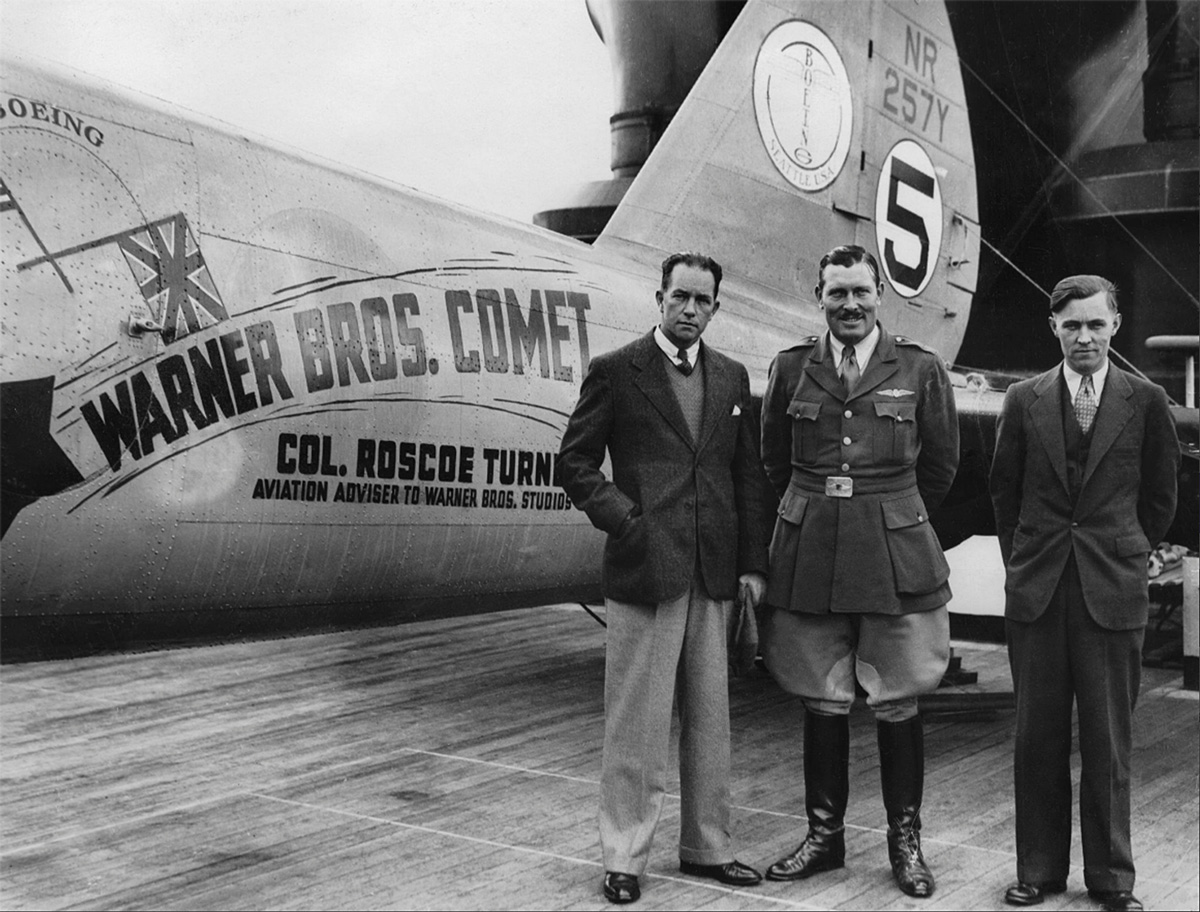  Boeing crew, Clyde Pangborn, Roscoe Turner and Reeder Nichols on the deck of the SS Washington (Martin Nichols collection) 