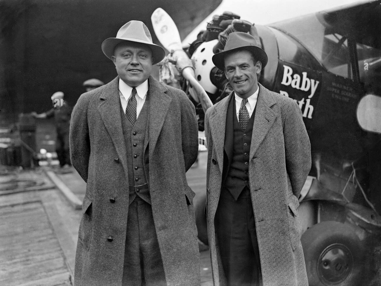  Americans John Wright and John Polando with their Lambert Monocoupe D-145 (NR501W) 'Baby-Ruth' at Southampton dock 