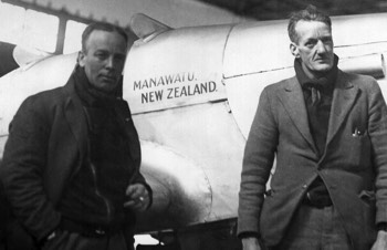  New Zealanders Henry Walker (R) and Malcolm McGregor (L) with their Miles M.2F Hawk Major 'Manawatu' at Laverton 